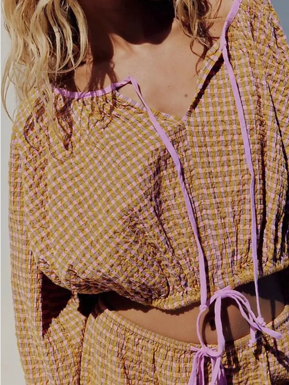 Free People Free-est Clara Plaid Gingham Seersucker Top (Small)